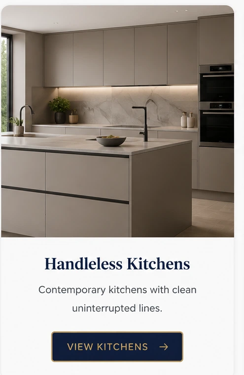 Modern handleless kitchen with sleek cabinetry, minimalist design and premium worktops for contemporary UK homes