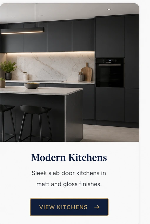 Modern slab door kitchen with matt finish cabinetry, minimalist styling and premium worktops for contemporary UK homes