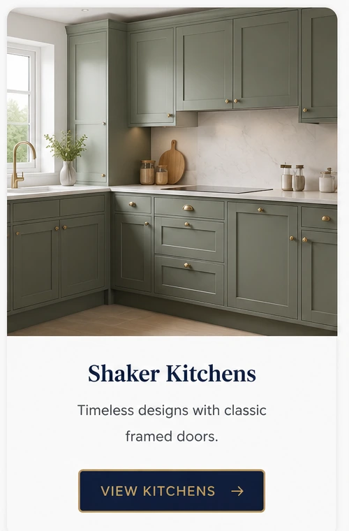 Luxury shaker kitchen featuring classic framed cabinet doors, painted finish and premium worktops for modern UK homes