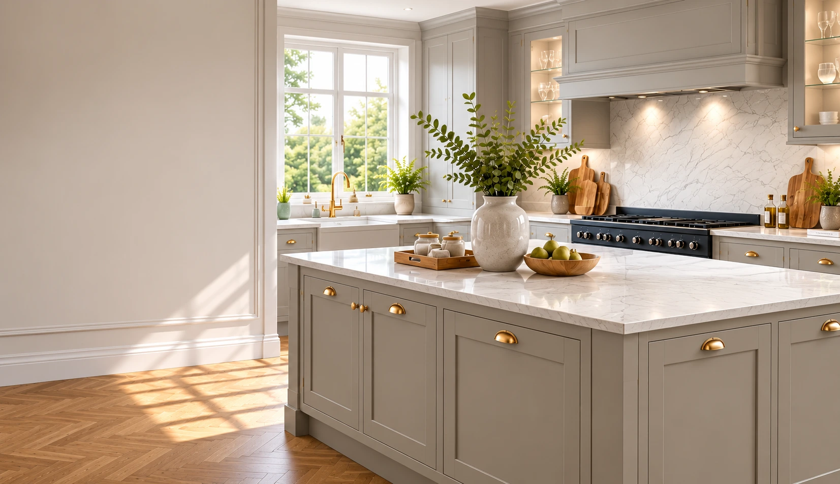 Cartmel shaker kitchen featuring classic five-piece shaker doors, painted cabinetry, quartz worktops and brass hardware.